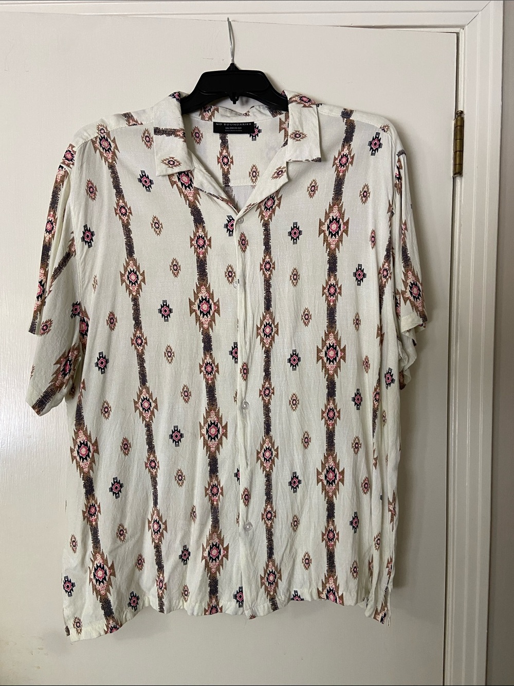 No Boundaries Cream Short-Sleeve Button-Down with Pink and Brown Aztec Pattern